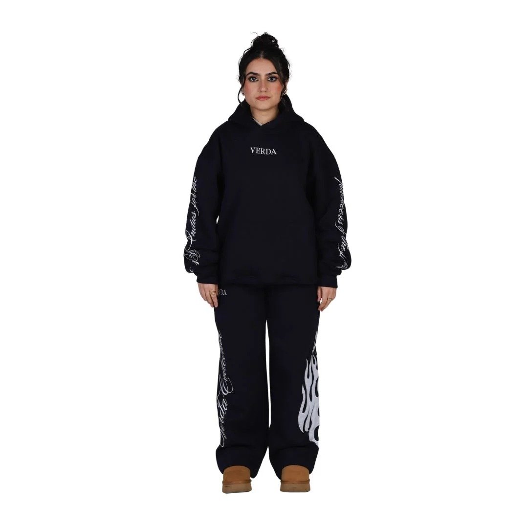 Navy Flame Tracksuit | Premium Fleece Hoodie & Fleece Pant Set | Unisex Streetwear Outfit
