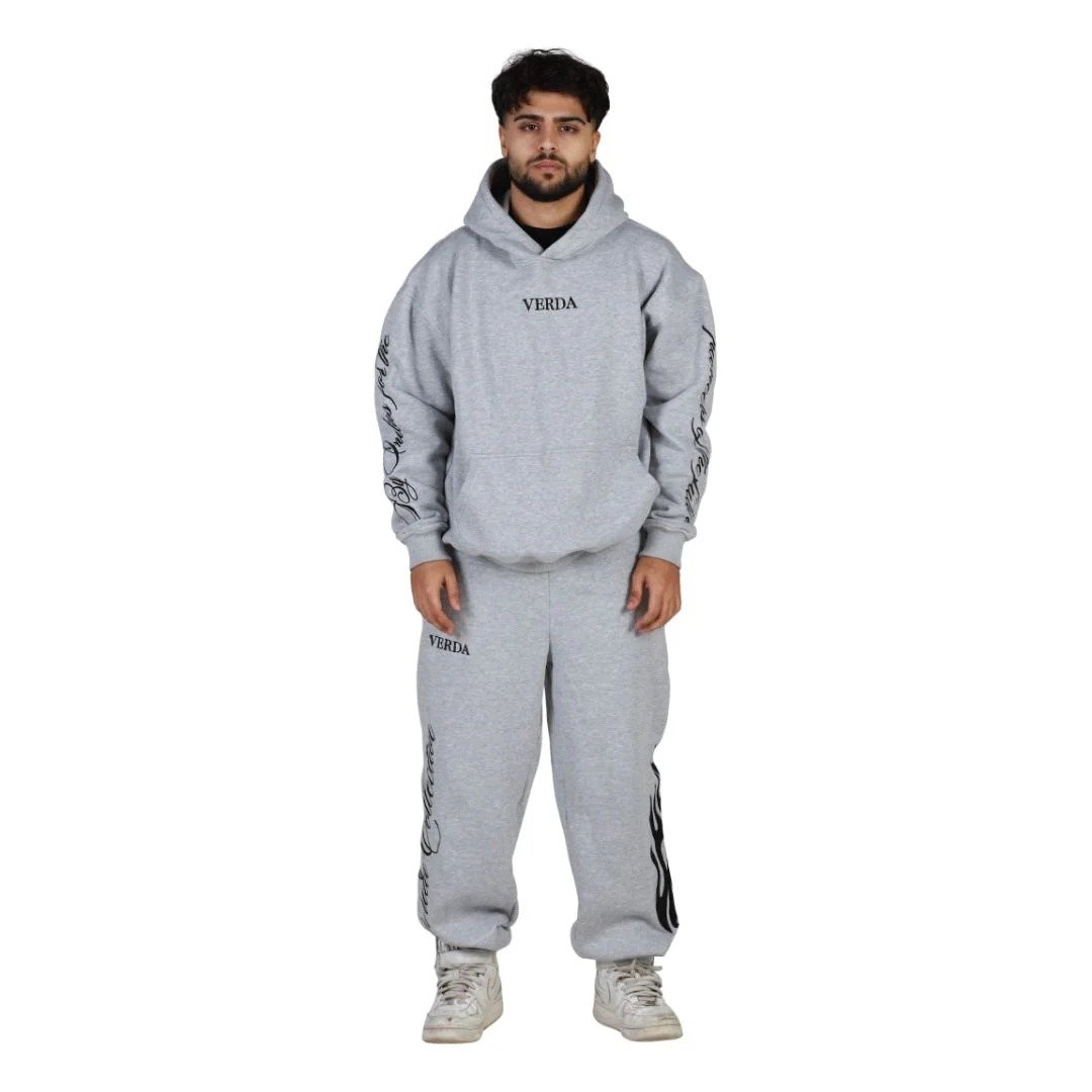 Grey Flame Tracksuit | Premium Fleece Hoodie & Fleece Pant Set | Unisex Streetwear Outfit