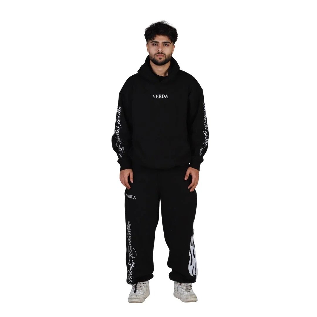 Black Flame Tracksuit | Premium Fleece Hoodie & Fleece Pant Set | Unisex Streetwear Outfit